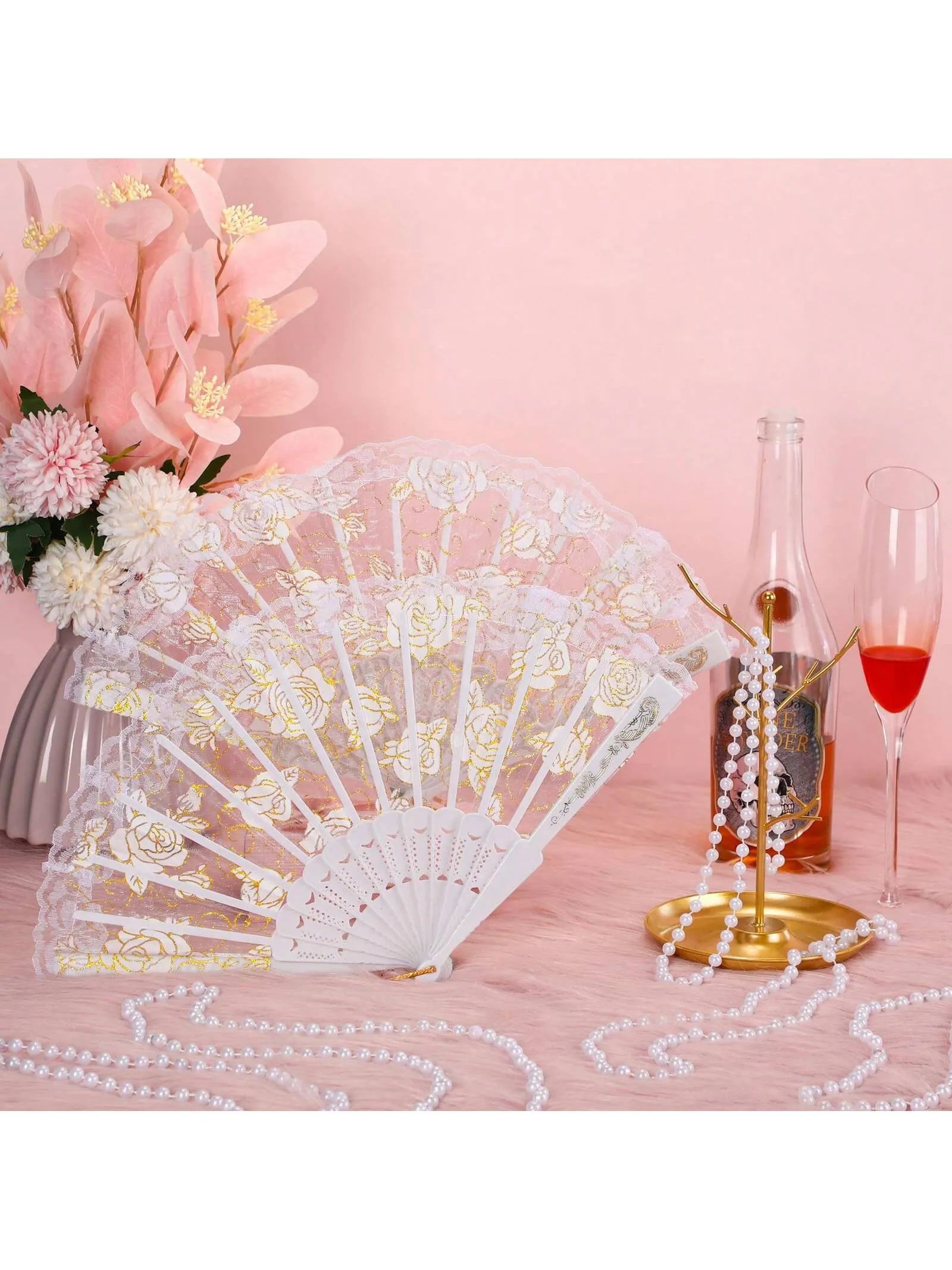 10 Pcs Floral Handheld Fan And Faux Pearl Necklaces For Wedding, 5 Lace Folding Hand Fan Foldable Chinese Fan 5 White Bead Necklace Strand Necklace For Bridal Tea Party Decorations Birthday Dancing