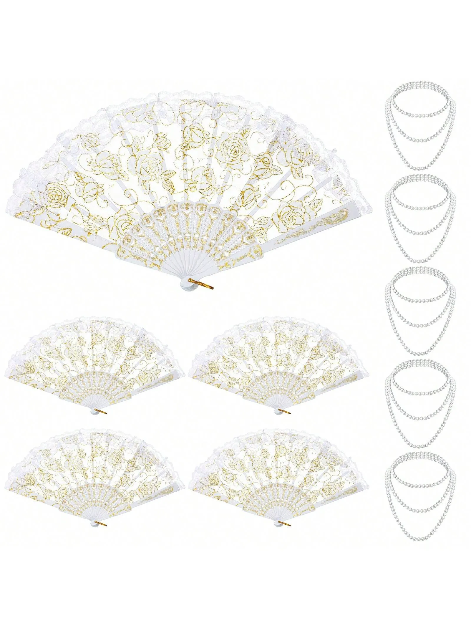 10 Pcs Floral Handheld Fan And Faux Pearl Necklaces For Wedding, 5 Lace Folding Hand Fan Foldable Chinese Fan 5 White Bead Necklace Strand Necklace For Bridal Tea Party Decorations Birthday Dancing