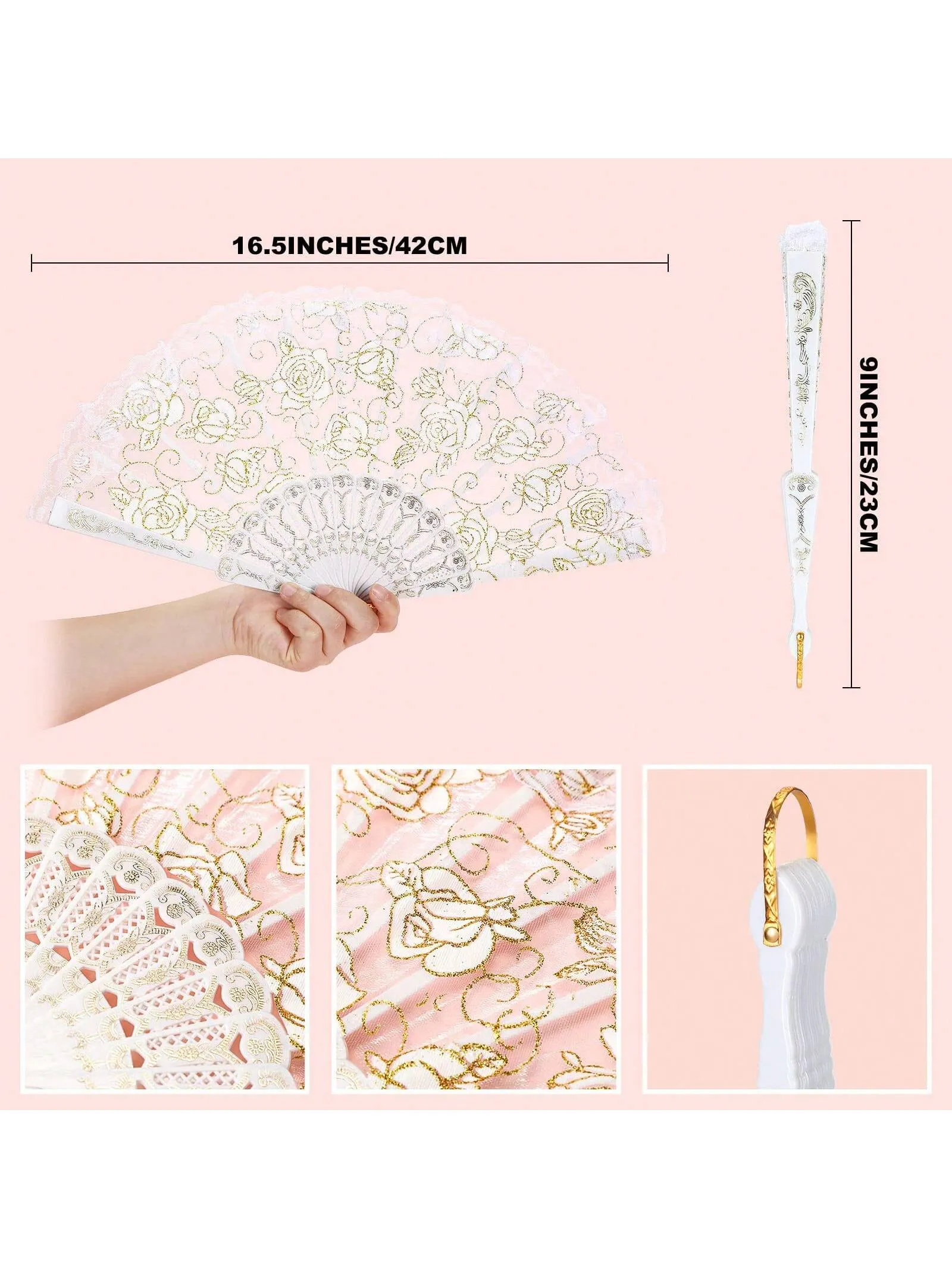 10 Pcs Floral Handheld Fan And Faux Pearl Necklaces For Wedding, 5 Lace Folding Hand Fan Foldable Chinese Fan 5 White Bead Necklace Strand Necklace For Bridal Tea Party Decorations Birthday Dancing