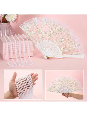 10 Pcs Floral Handheld Fan And Faux Pearl Necklaces For Wedding, 5 Lace Folding Hand Fan Foldable Chinese Fan 5 White Bead Necklace Strand Necklace For Bridal Tea Party Decorations Birthday Dancing