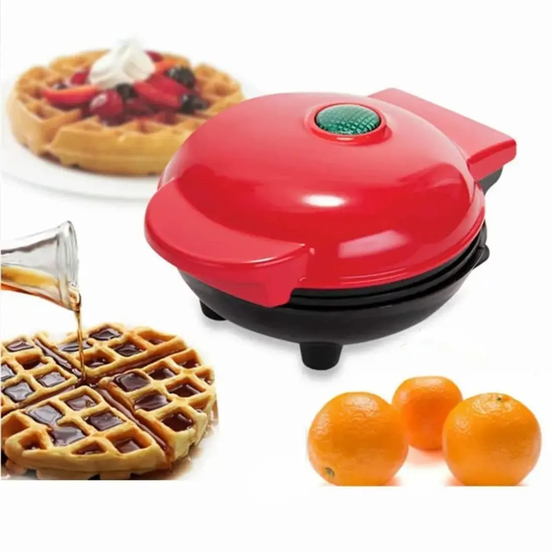 3 in 1 Mini Waffle Maker Machine | Electric Non-Stick Round Waffles Maker Iron Cast for Home, Kids, Belgian Waffles, Pan Cakes,Paninis and Other Snacks (Red,4 Inch- 350 Watts).