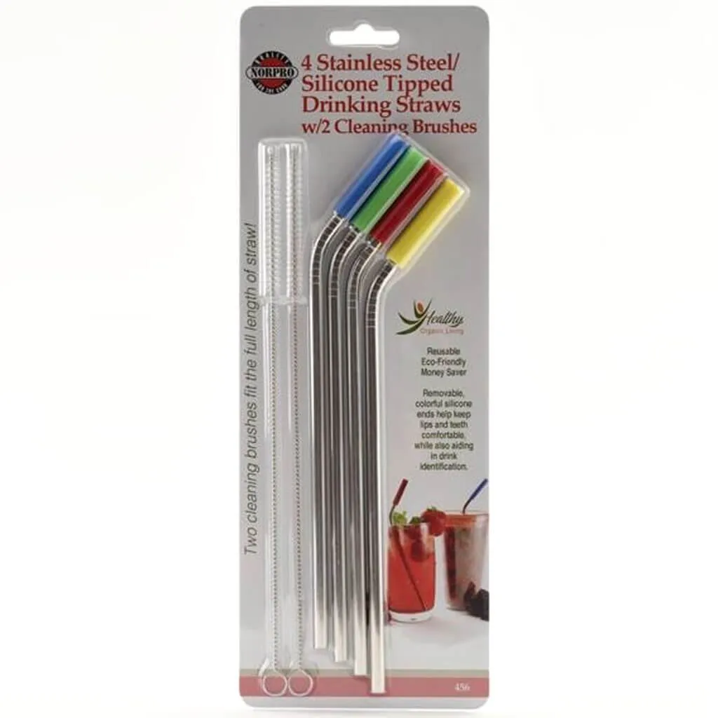 4 Stainless Steel Silicone Tipped Drinking Straws with 2 Cleaning Brushes