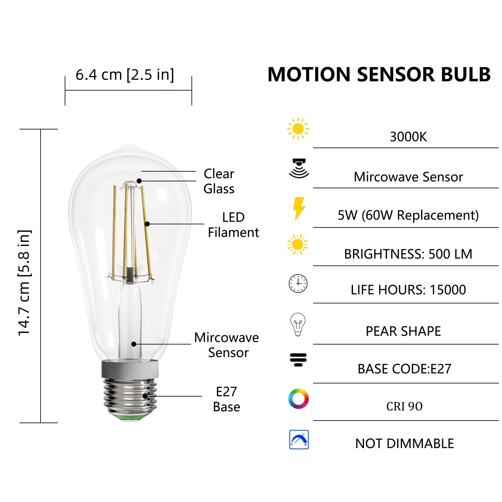 4PACK Motion Sensor LED Filament Bulb 5W Equivalent 60W 2700K Warmwhite No DIM