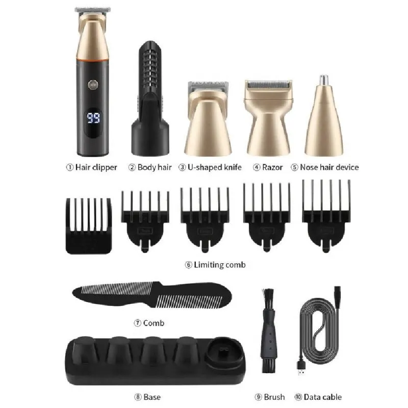 5 In 1 Haircut Digital Display Water Washing Shaver Nose Hair Electric Push Shear Set (Silver)