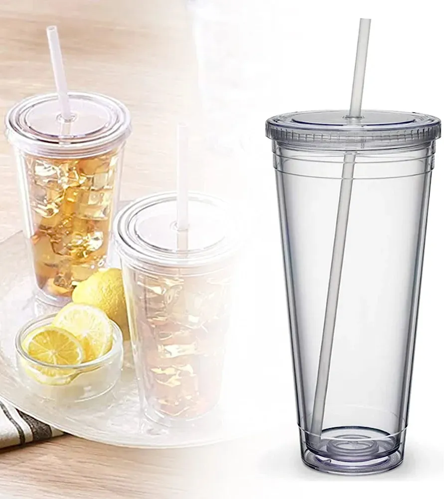 650ml Acrylic Tumbler Double Wall Insulated Cup with Straw