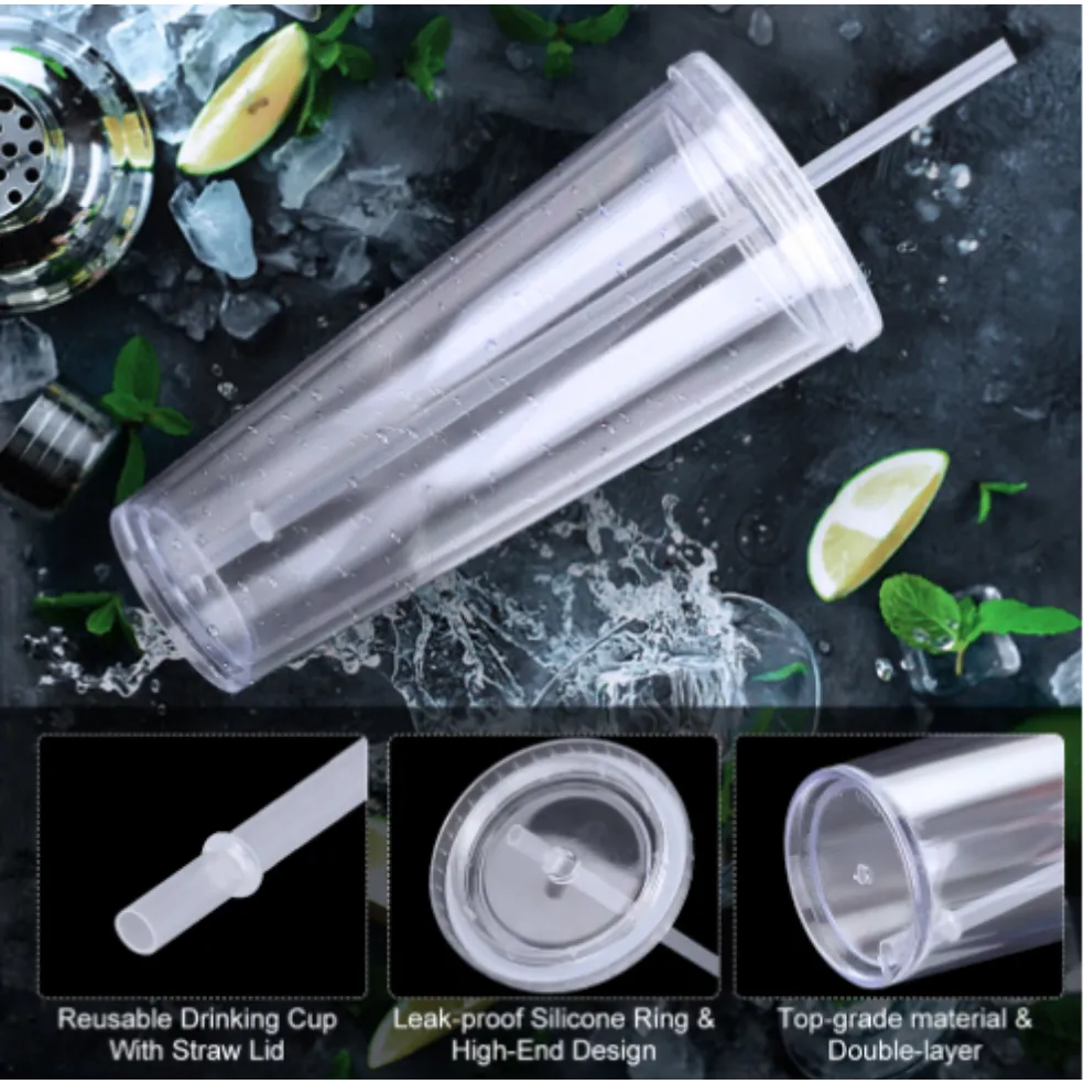 650ml Acrylic Tumbler Double Wall Insulated Cup with Straw