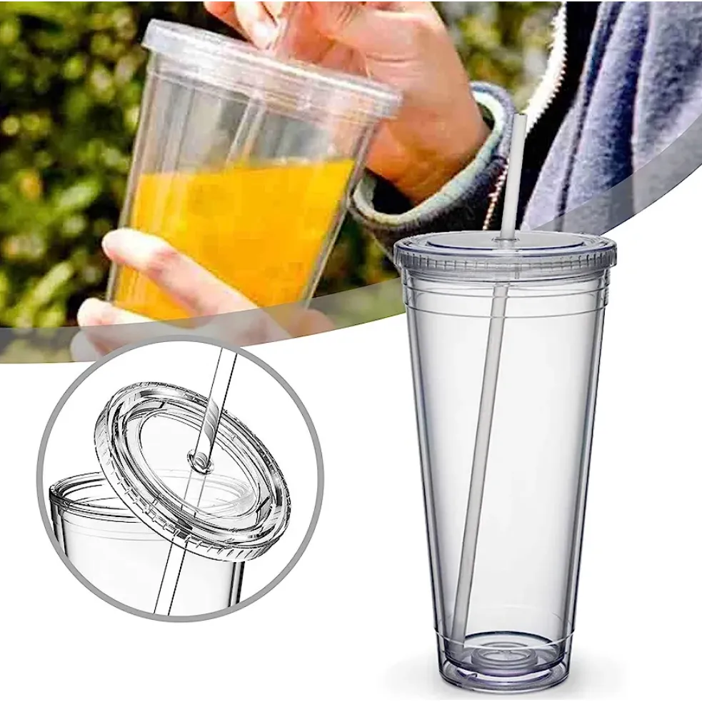 650ml Acrylic Tumbler Double Wall Insulated Cup with Straw