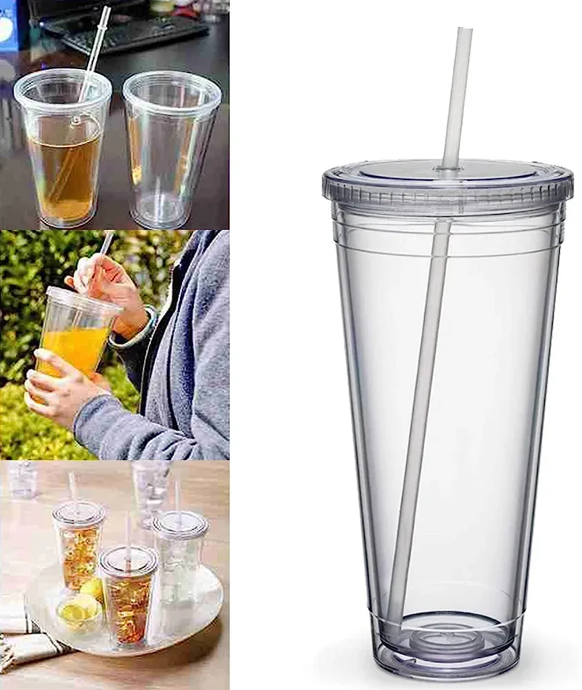 650ml Acrylic Tumbler Double Wall Insulated Cup with Straw