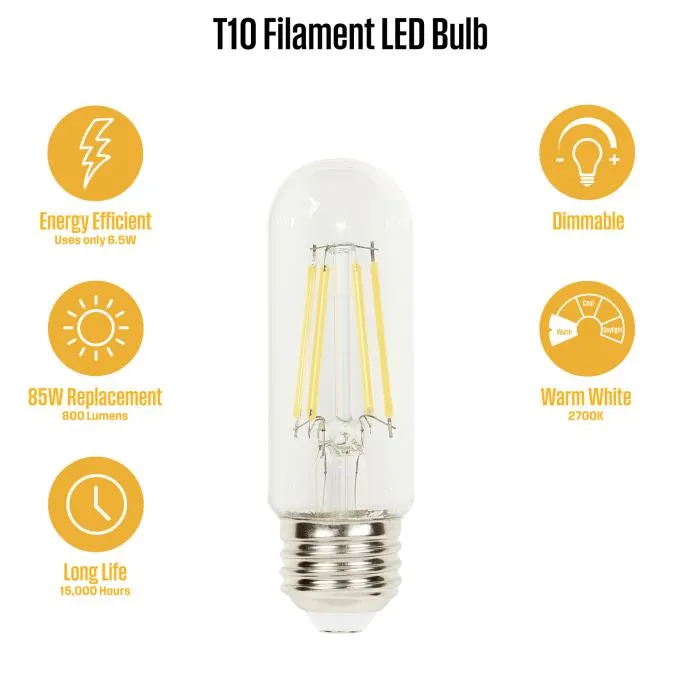 6.5W T10 Filament LED Dimmable Clear 2700K E26 (Medium) Base