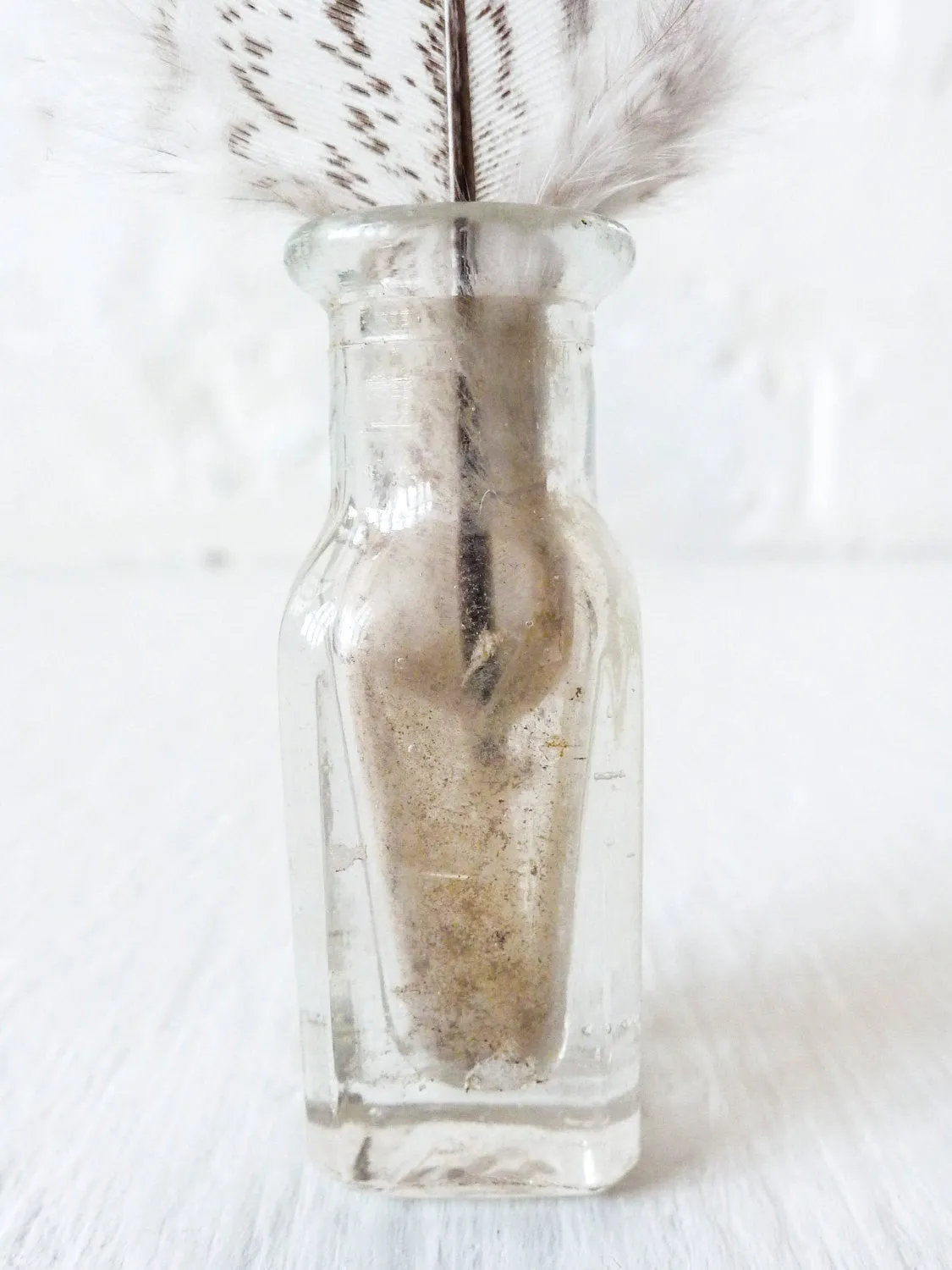 Antique Vintage Bottle Specimen Zebra Chicken Feather Mini Glass Vial Antique Ink Collection