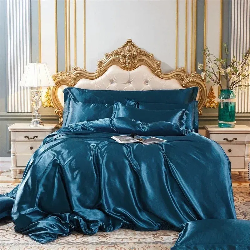 Anyhouz Beddings Blue US Twin Size 3 Pcs High End Satin Smooth Duvet Cover Set Luxury Polyester Silky Soft Cozy Bedding Set