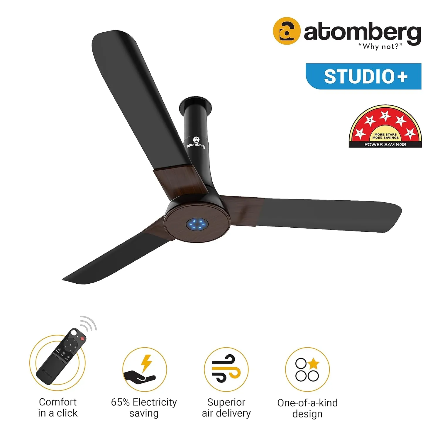 atomberg Studio  1200mm BLDC Motor 5 Star Rated Designer Ceiling Fans with Remote Control | Upto 65% Energy Saving, High Air Delivery and LED Indicators | 2 1 Year Warranty (Earth Brown)