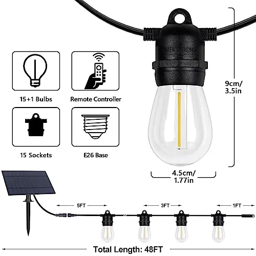 BesLowe 48FT S14 Solar String Lights Outdoor with Remote Controller, Solar Powered Patio Lights Waterproof with LED Edison Bulbs, Dimmable Hanging Lights for Outside Backyard Porch, USB Rechargeable