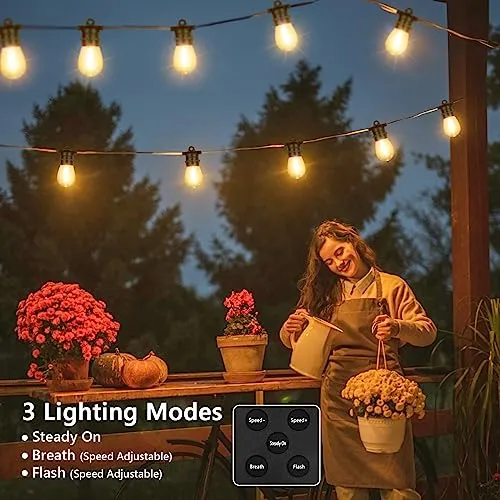 BesLowe 48FT S14 Solar String Lights Outdoor with Remote Controller, Solar Powered Patio Lights Waterproof with LED Edison Bulbs, Dimmable Hanging Lights for Outside Backyard Porch, USB Rechargeable