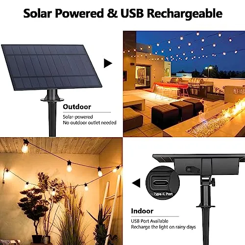 BesLowe 48FT S14 Solar String Lights Outdoor with Remote Controller, Solar Powered Patio Lights Waterproof with LED Edison Bulbs, Dimmable Hanging Lights for Outside Backyard Porch, USB Rechargeable