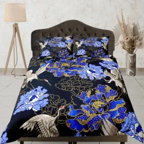 Blue Duvet Cover Set Floral Prints, Japanese Art Crane Bird Dorm Bedding Set & Pillowcase