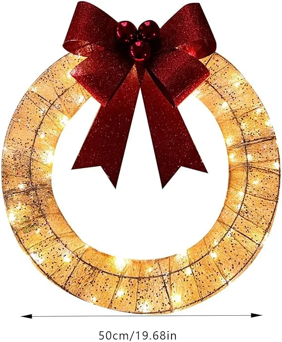 Bulk Christmas Wreath for Front Door 20" Metal Wreath with LED Lights Glittering Sequins Garland for Party Fireplaces Porch Walls New Years Winter Home Decor Wholesale