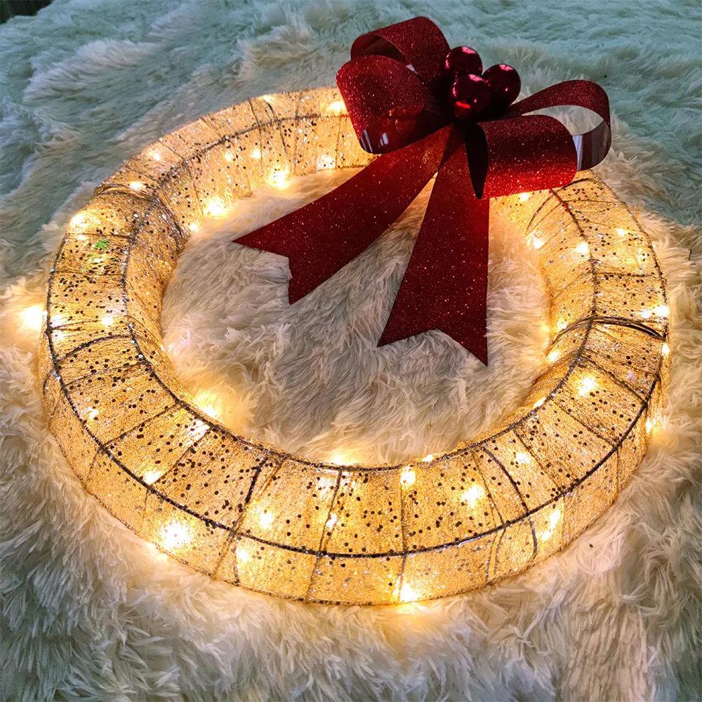 Bulk Christmas Wreath for Front Door 20" Metal Wreath with LED Lights Glittering Sequins Garland for Party Fireplaces Porch Walls New Years Winter Home Decor Wholesale