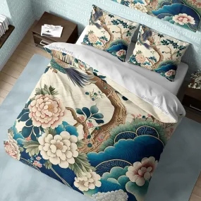 Camellia Duvet Cover Chrysanthemum Quilt Cover, Cherry Blossom Bedding Set Japanese Pattern Blanket Cover, Sakura Tree Bedspread