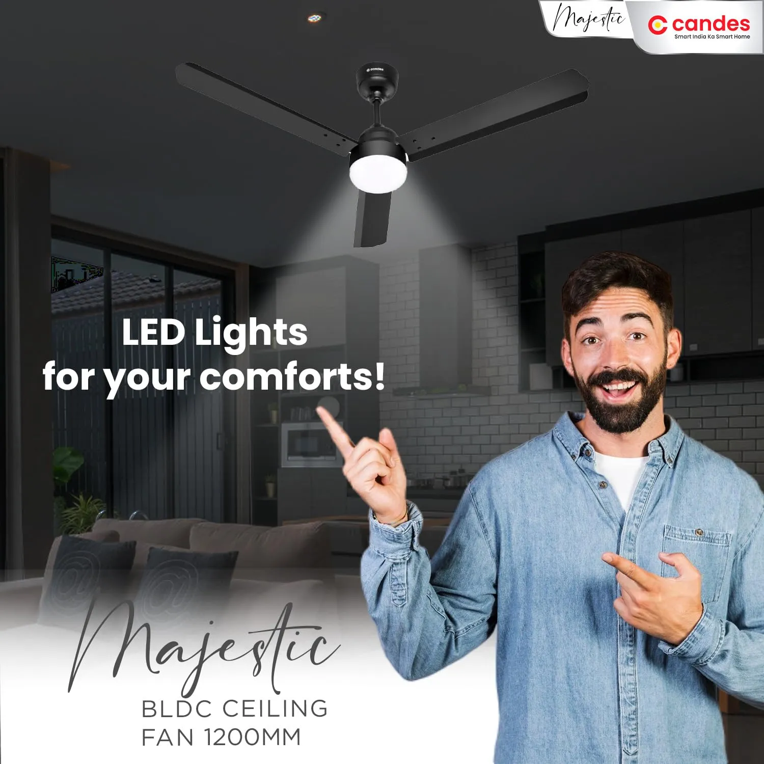 Candes Majestic BLDC LED Light Ceiling Fan 1200mm / 48 inch | BEE 5 Star Rated, Upto 65% Energy Saving, High Air Delivery & High Speed Ceiling Fans for Home | 2 1 Years Warranty (Jet Black)