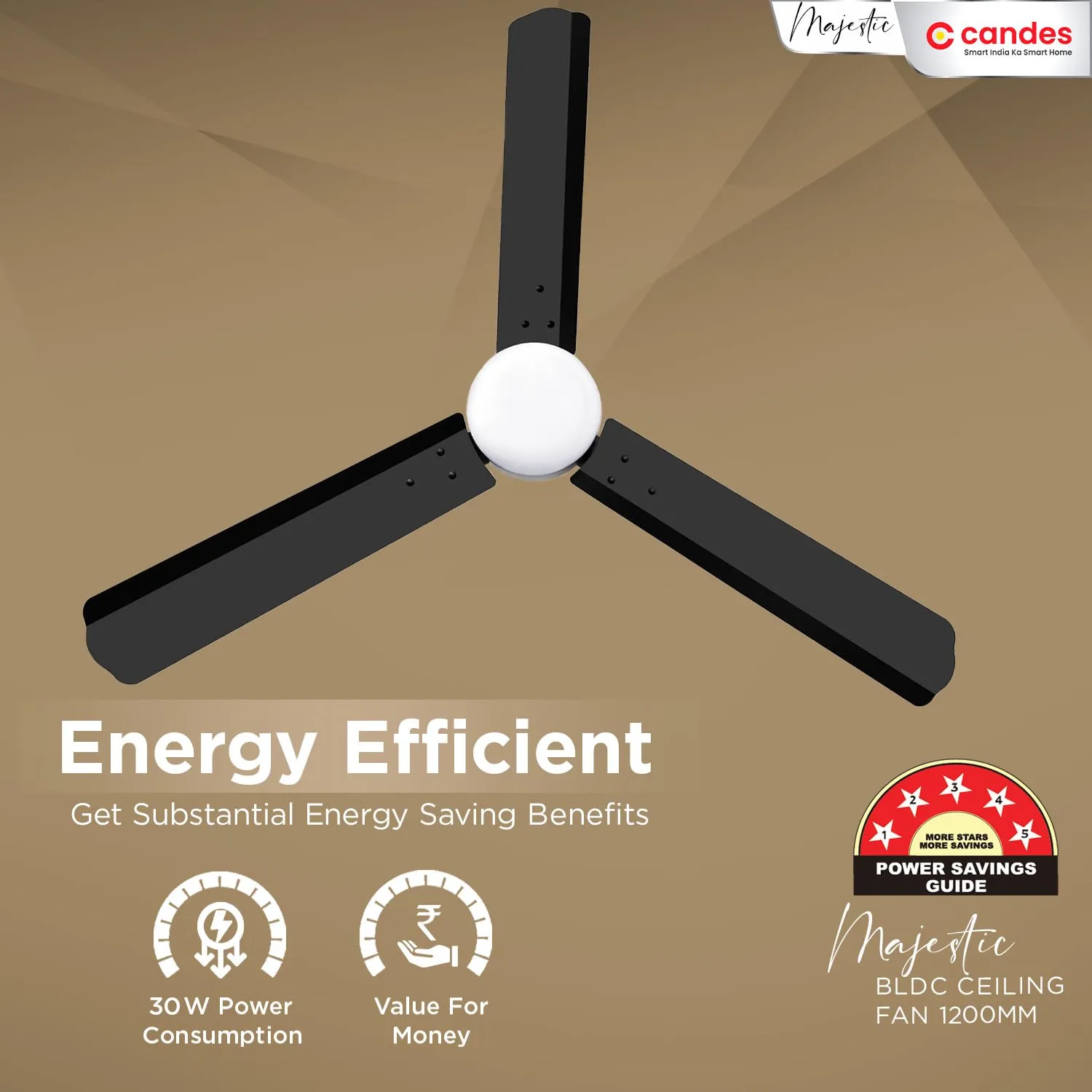 Candes Majestic BLDC LED Light Ceiling Fan 1200mm / 48 inch | BEE 5 Star Rated, Upto 65% Energy Saving, High Air Delivery & High Speed Ceiling Fans for Home | 2 1 Years Warranty (Jet Black)