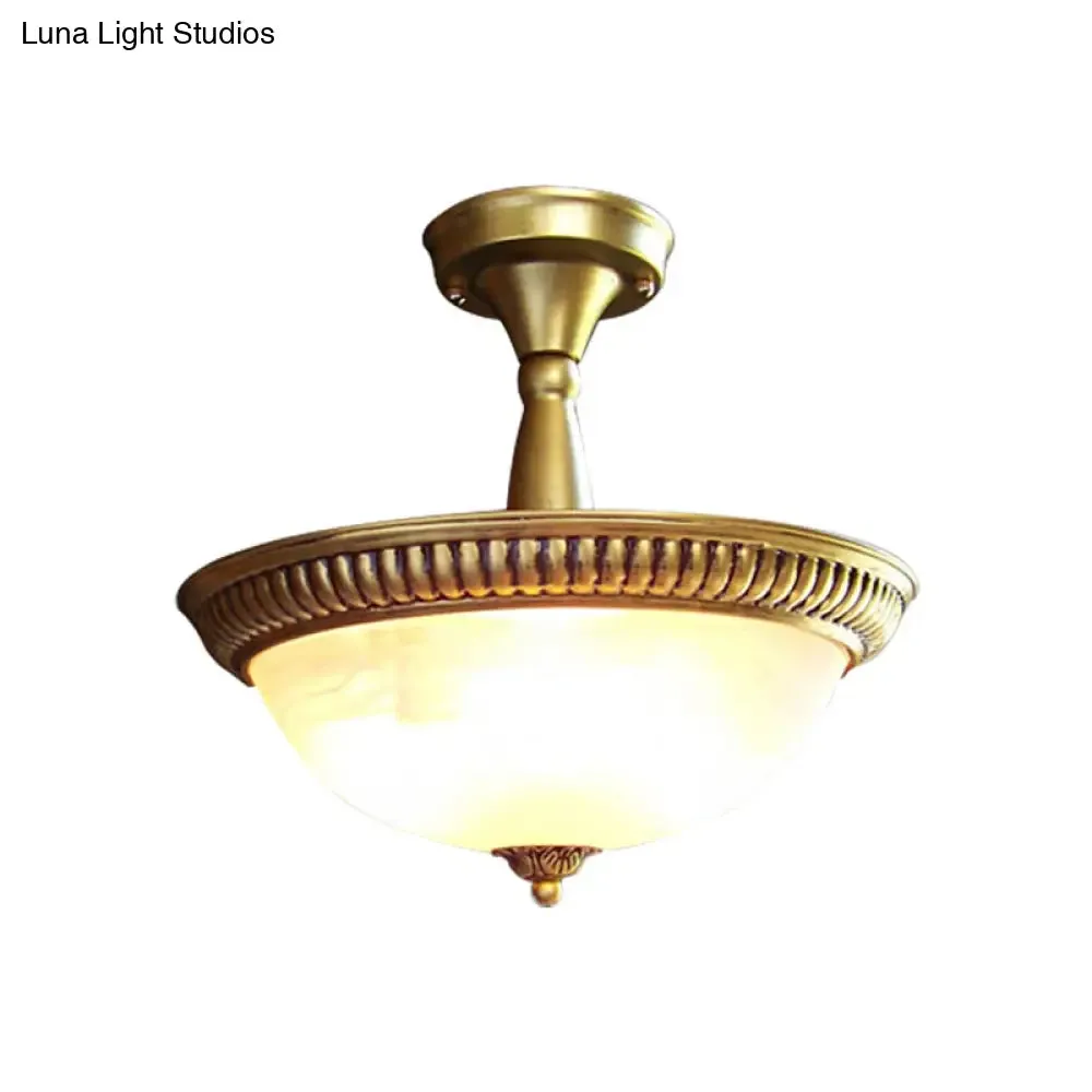 Classic Frosted Glass Domed Semi Flush Brass LED Ceiling Light for Corridor - Warm/White Light