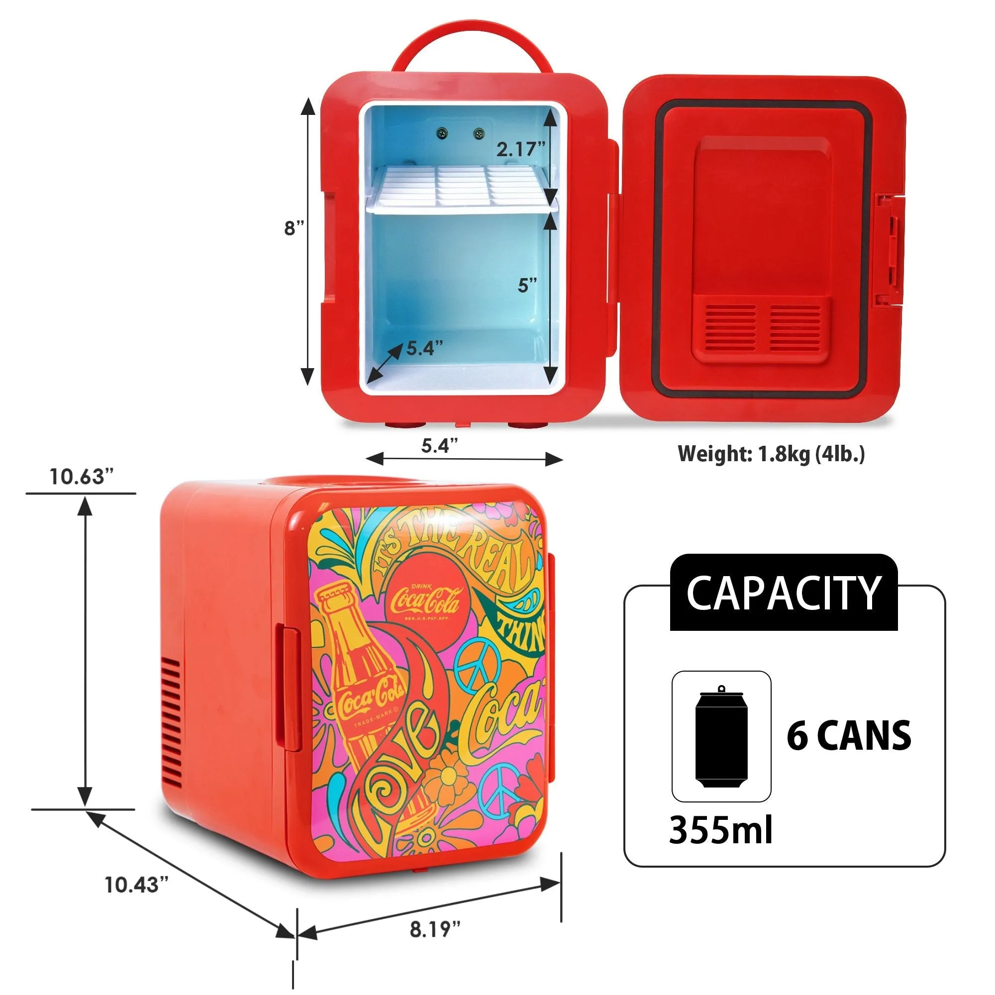 Coca-Cola Peace 1971 Series 4L Cooler/Warmer w/ 12V DC and 110V AC Cords, 6 Can Portable Mini Fridge, Personal Travel Refrigerator for Snacks Lunch Drinks Cosmetics, Desk Home Office Dorm Travel, Red