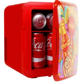 Coca-Cola Peace 1971 Series 4L Cooler/Warmer w/ 12V DC and 110V AC Cords, 6 Can Portable Mini Fridge, Personal Travel Refrigerator for Snacks Lunch Drinks Cosmetics, Desk Home Office Dorm Travel, Red