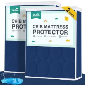 Crib Mattress Protector/ Pad Cover - 2 Pack, Quilted Microfiber, Waterproof, Navy (for Standard Crib/ Toddler Bed)