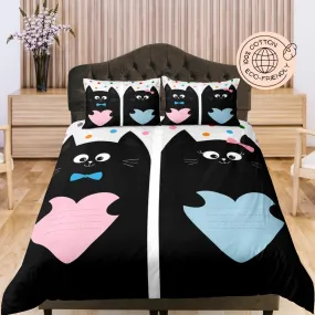 Cute Cats with Blue and Pink Hearts, Cotton Duvet Cover Set for Kids, Toddler Bedding, Baby Zipper Bedding, Nursery Bedding, Baby Shower