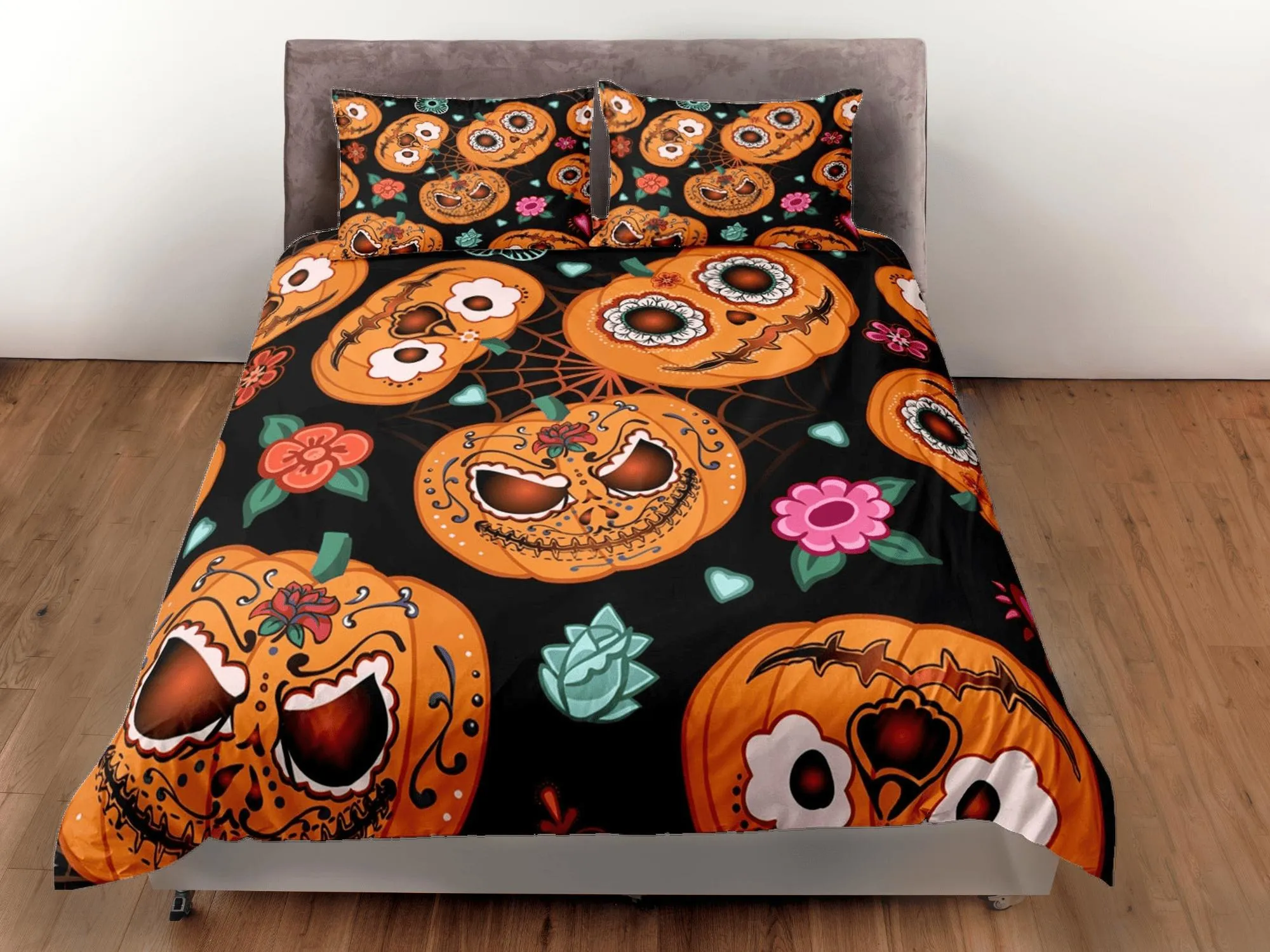 Cute spooky pumpkin halloween bedding & pillowcase, gothic duvet cover, dorm bedding, halloween goth decor toddler bedding, halloween gift