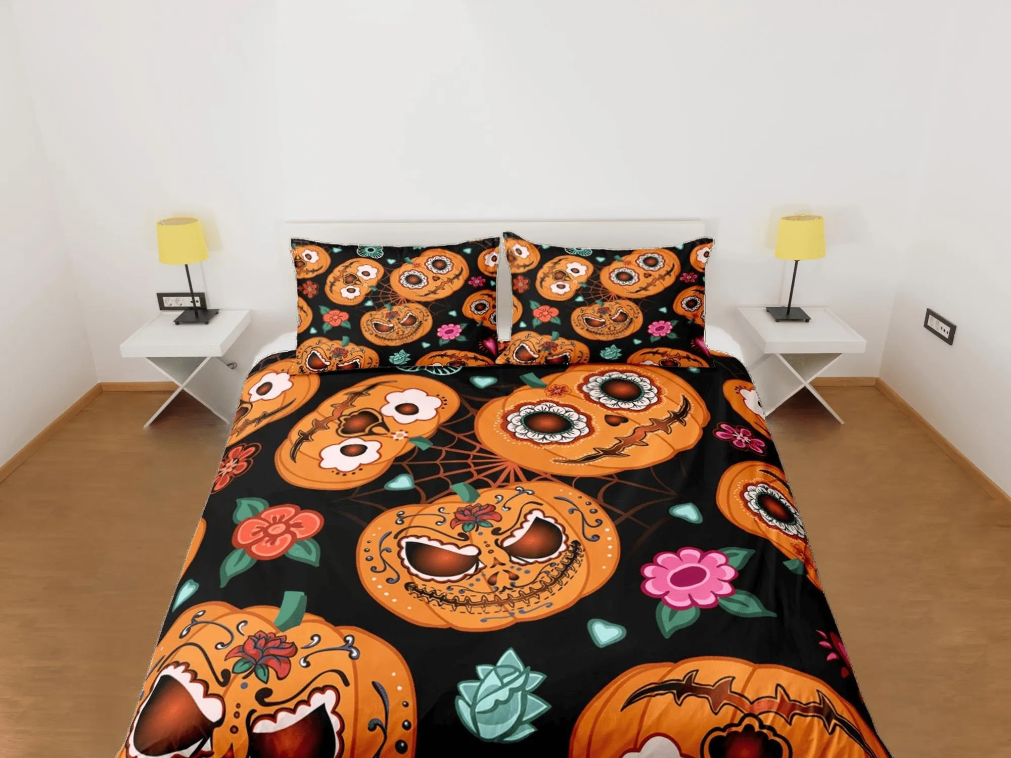 Cute spooky pumpkin halloween bedding & pillowcase, gothic duvet cover, dorm bedding, halloween goth decor toddler bedding, halloween gift