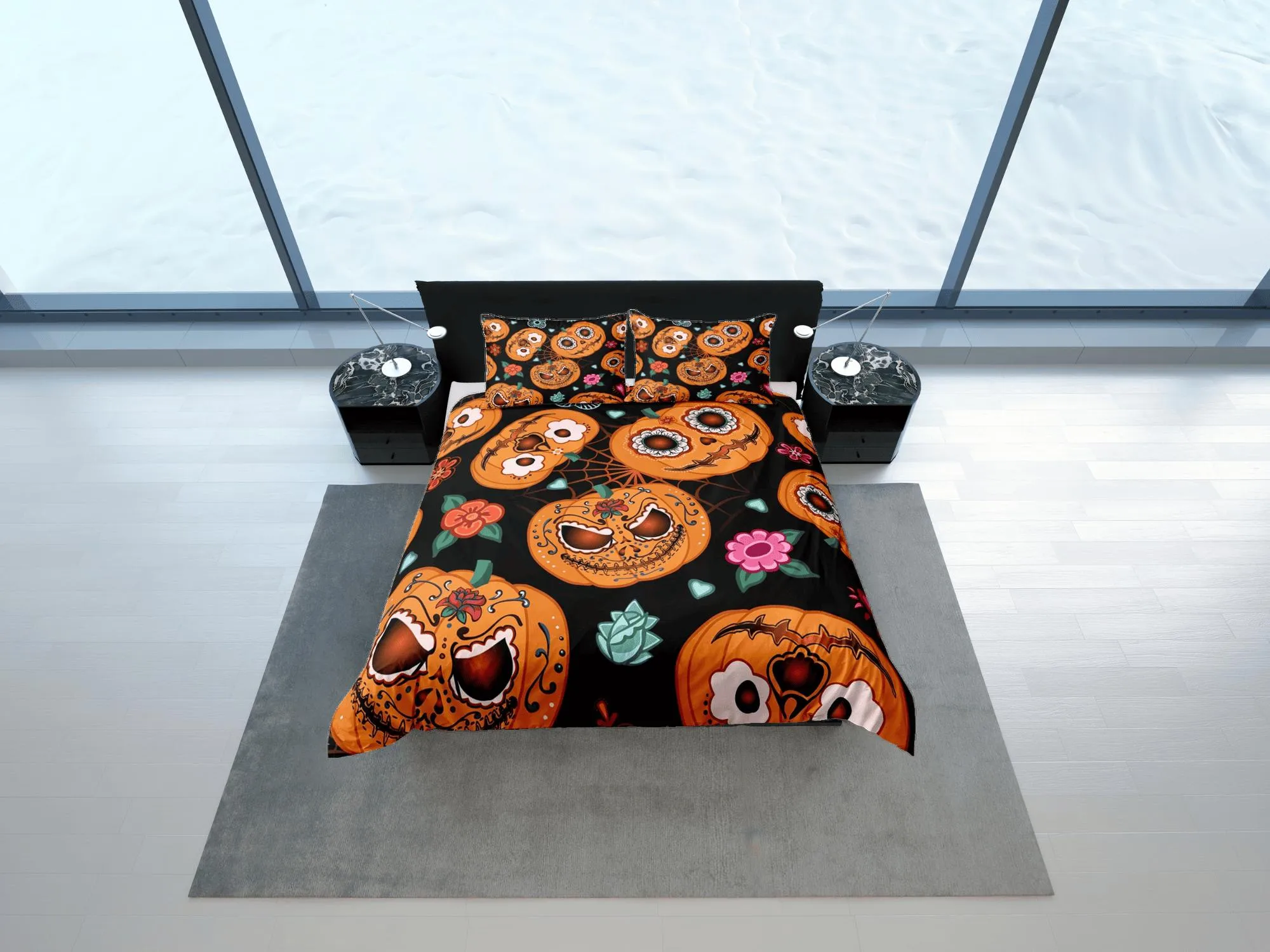 Cute spooky pumpkin halloween bedding & pillowcase, gothic duvet cover, dorm bedding, halloween goth decor toddler bedding, halloween gift