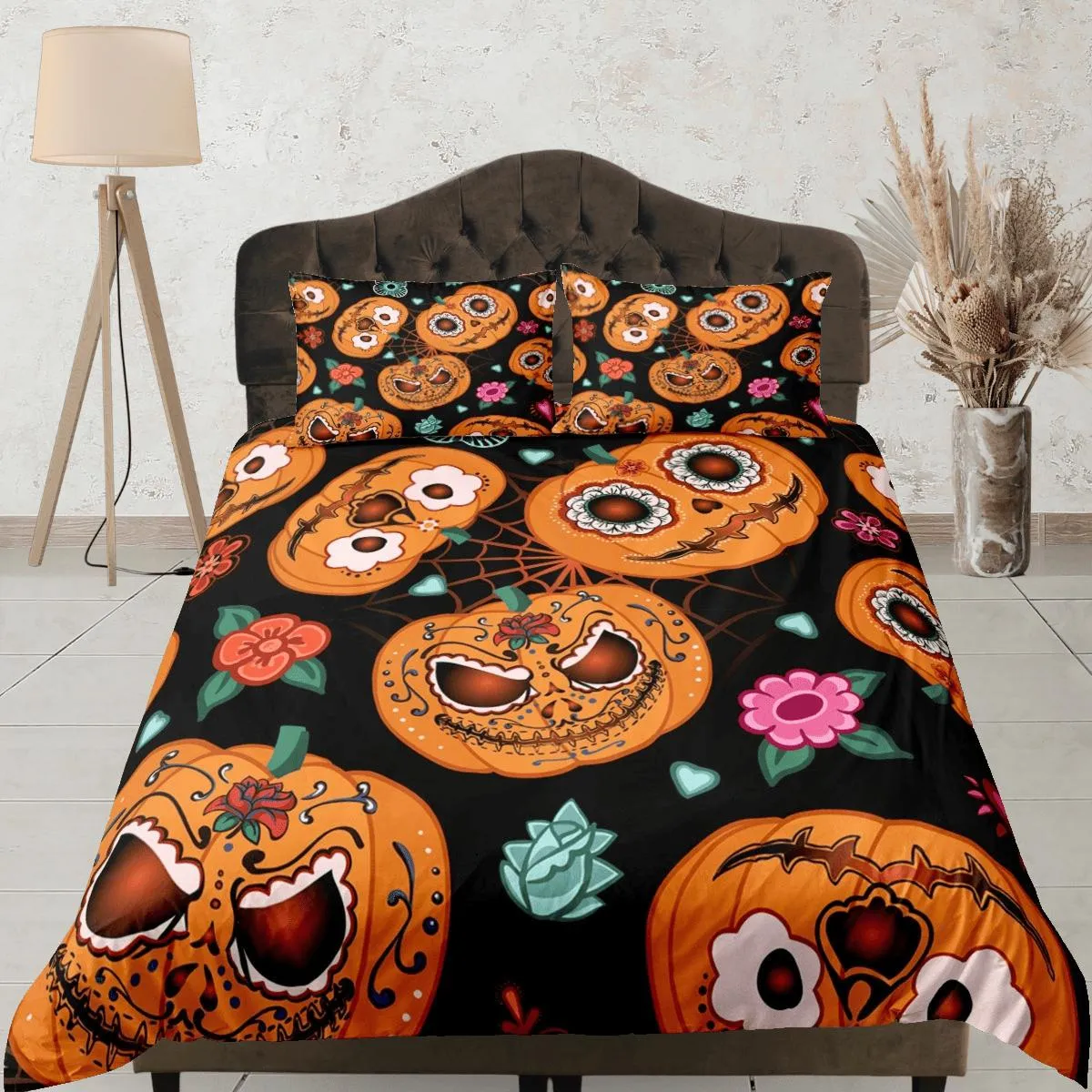 Cute spooky pumpkin halloween bedding & pillowcase, gothic duvet cover, dorm bedding, halloween goth decor toddler bedding, halloween gift