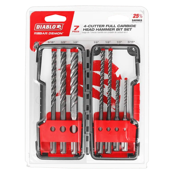 Diablo Rebar Demon SDS-Plus 4-Cutter Full Carbide Head Hammer Bit Set - 7 Pcs