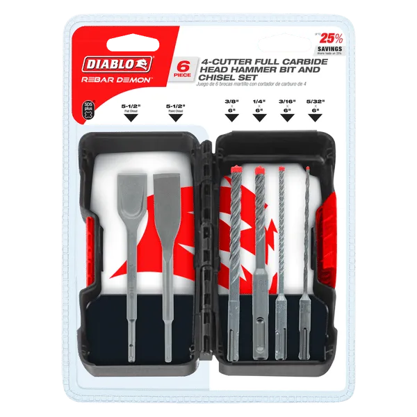 Diablo SDS-Plus Rebar Demon 4-Cutter Full Carbide Head Hammer Drill Bit and Chisel Set - 6 Pcs