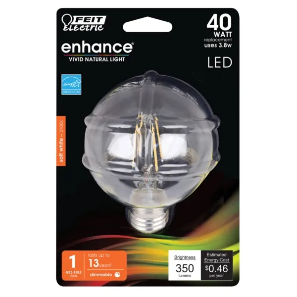 Feit Electric BPG2540/927CA/FIL LED Bulb, Globe, G25 Lamp, 40 W Equivalent, E26 Lamp Base, Dimmable, Clear