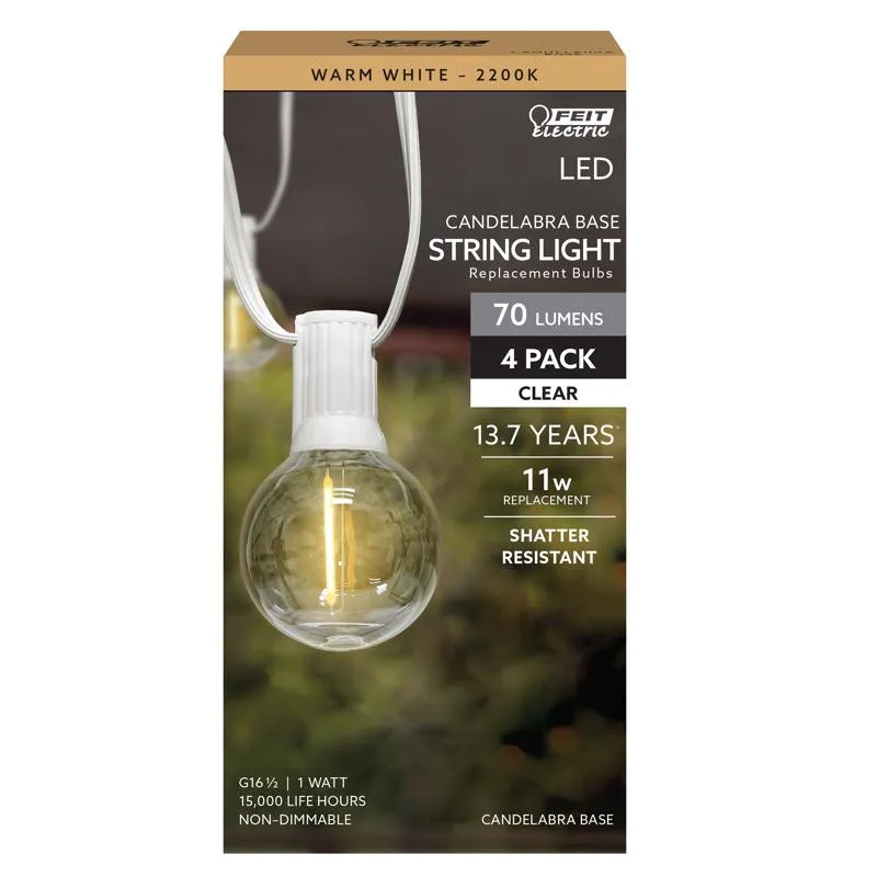 Feit G16.5 E12 (Candelabra) Filament LED Bulb Warm White 11 Watt Equivalence 4 pk