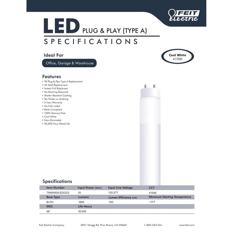 Feit Plug & Play Linear Lamp Cool White 47.5 in. Bi-Pin T8 LED Bulb 32 Watt Equivalence 2 pk