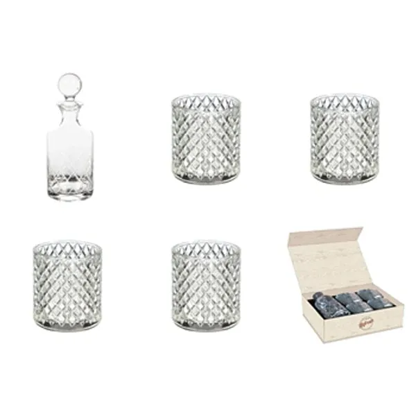 Glass Whiskey Five Piece Set, Diamond Pattern