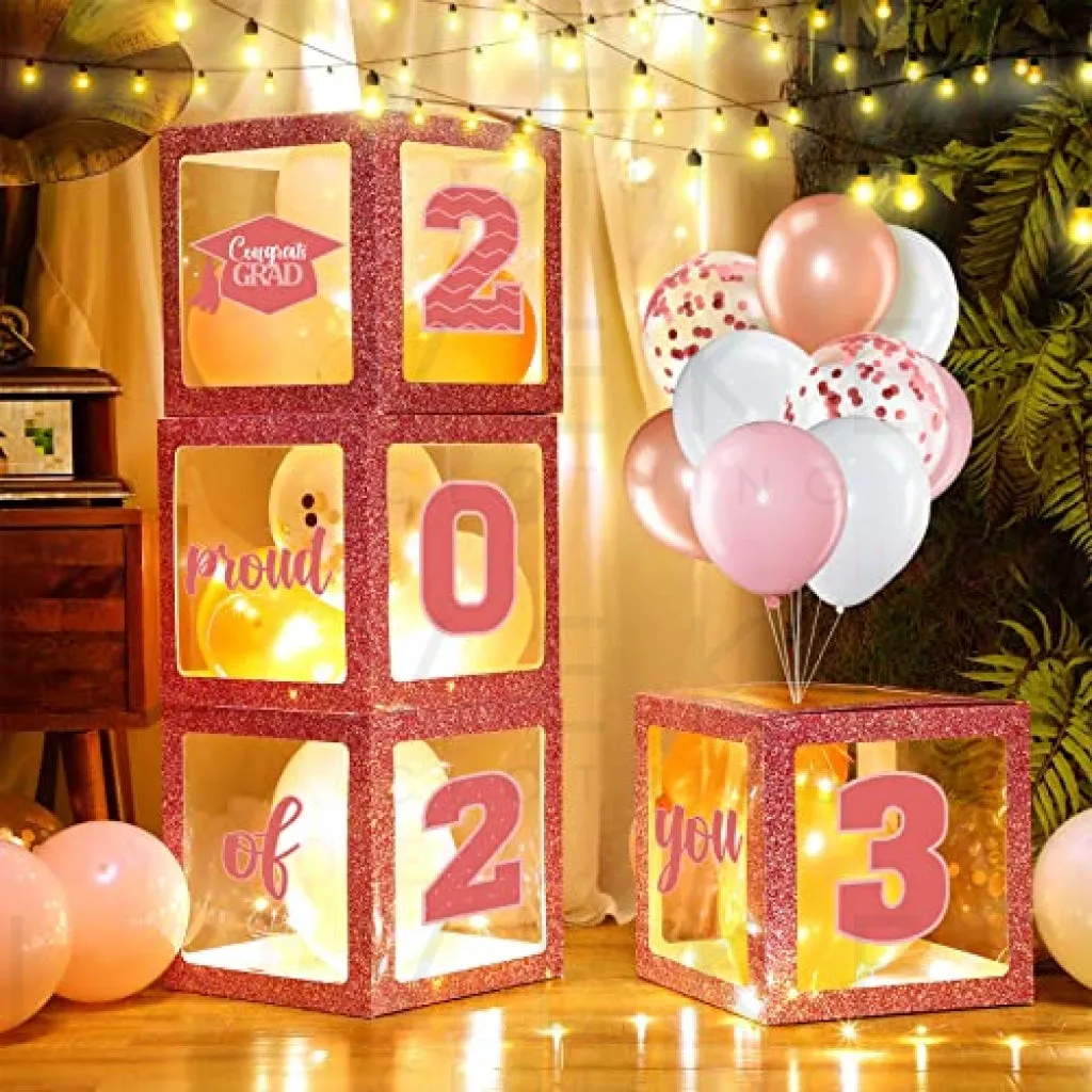 Graduation Box Decorations with Balloon and LED Light Strings Congrats 2023 Grad Party Supplies Proud of You Balloon Boxes for Class of 2023 School College Party Decor, 44 Pieces (Pink)