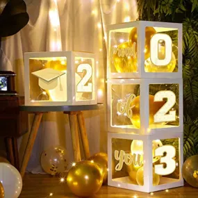 Graduation Box Decorations with Balloon and LED Light Strings Congrats 2023 Grad Party Supplies Proud of You Balloon Boxes for Class of 2023 School College Party Decor, 44 Pieces (White)