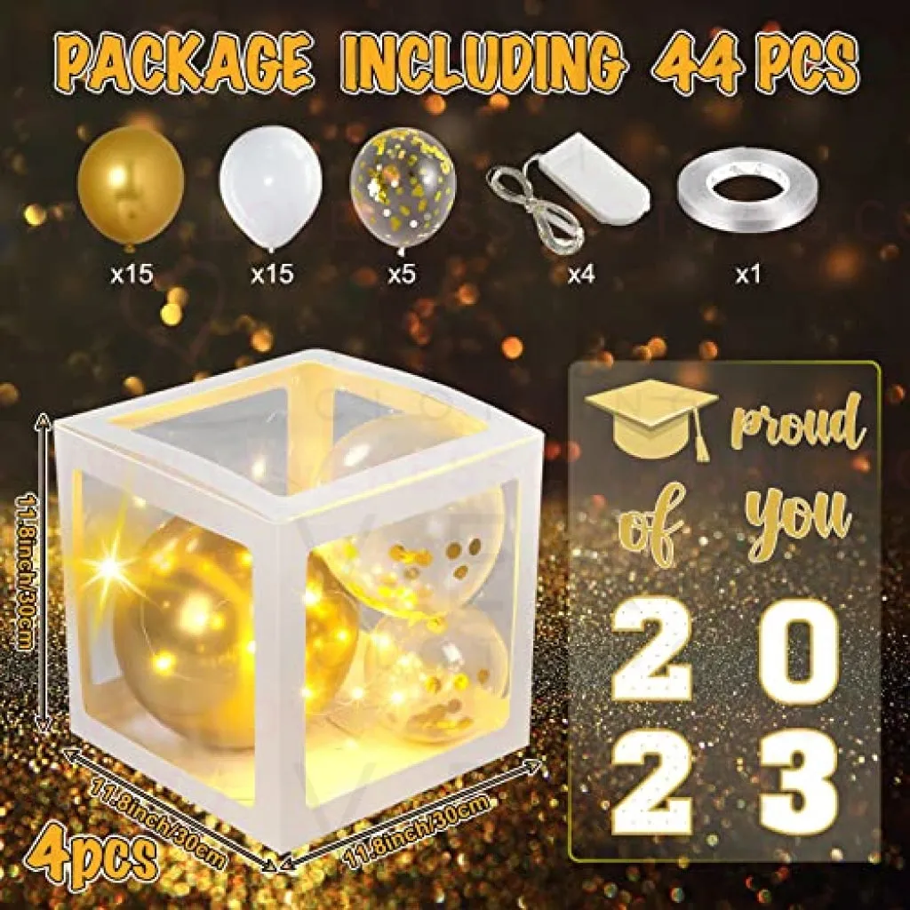 Graduation Box Decorations with Balloon and LED Light Strings Congrats 2023 Grad Party Supplies Proud of You Balloon Boxes for Class of 2023 School College Party Decor, 44 Pieces (White)