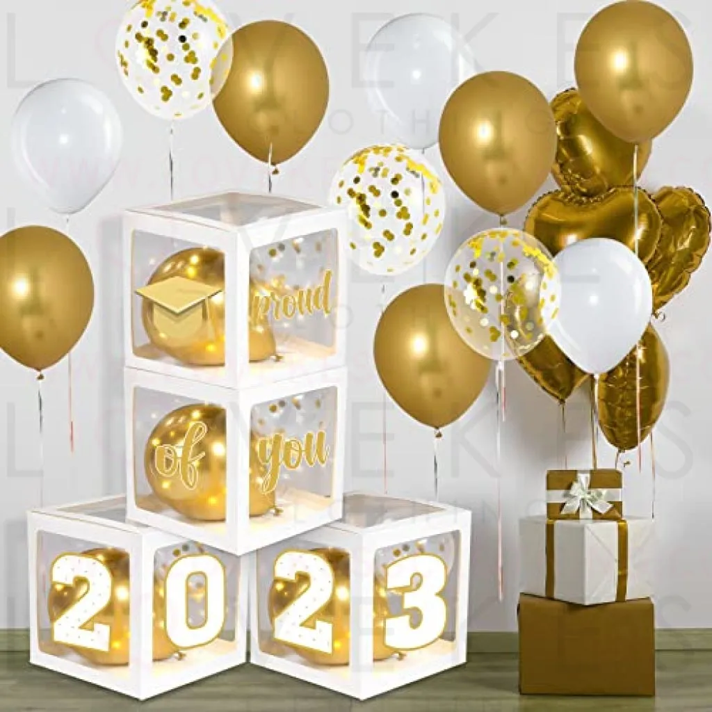 Graduation Box Decorations with Balloon and LED Light Strings Congrats 2023 Grad Party Supplies Proud of You Balloon Boxes for Class of 2023 School College Party Decor, 44 Pieces (White)