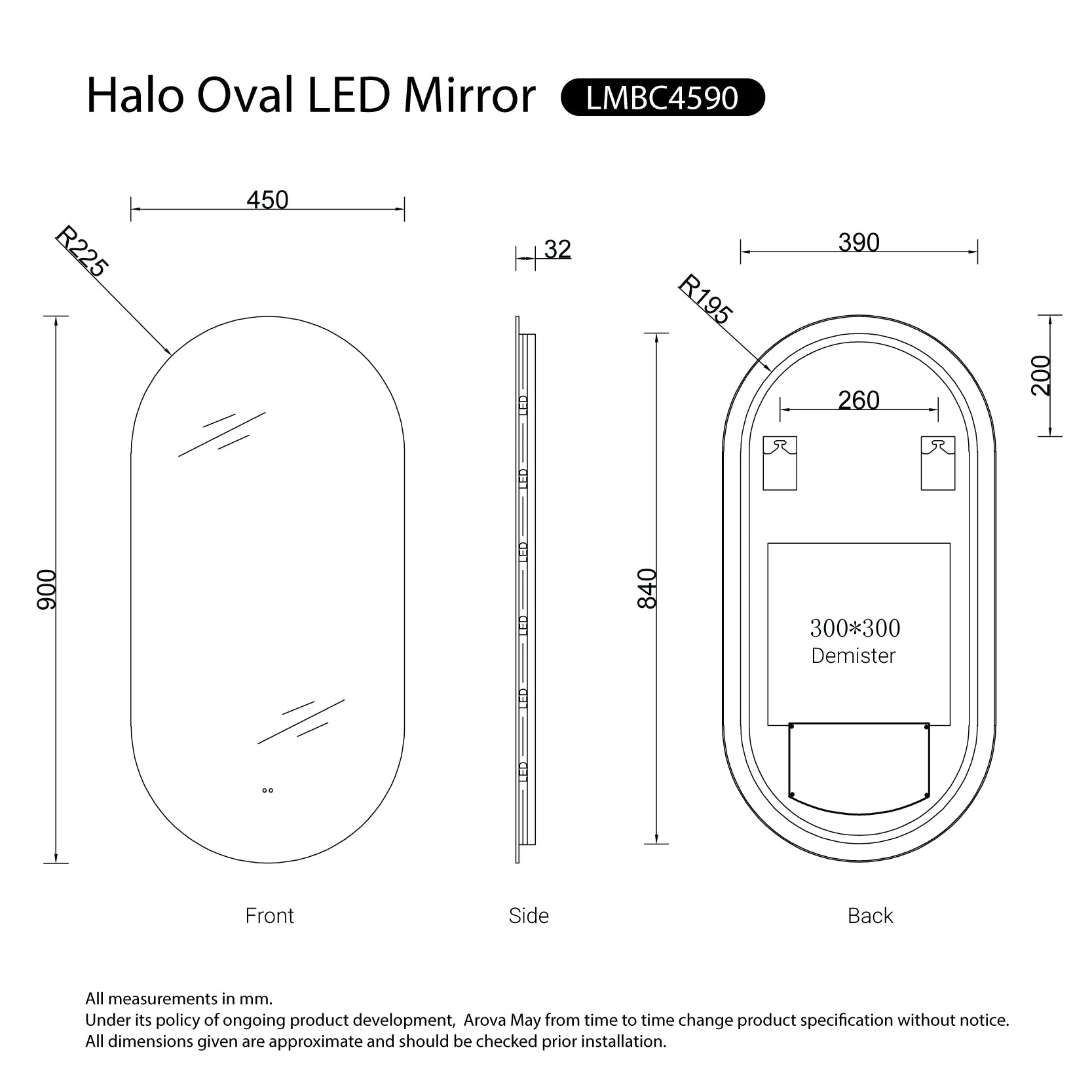 Halo Frameless Oval Led Bathroom Mirror Anti-Fog Dimmable