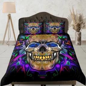 Hippie Neon Colors Skull Duvet Cover Set Colorful Bedspread, Dorm Bedding Pillowcase