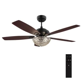 HUNTLEY 52 inch 5-Blade Crystal Ceiling Fan with Light & Remote Control - Black/Rosewood