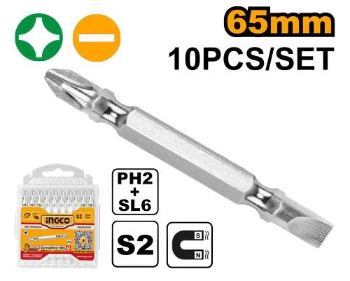 INGCO Screwdriver Bit, PH2 SL6, 65 mm, 10 PCS PACK, S2 Industrial Steel, Nickle Plated Megnetic