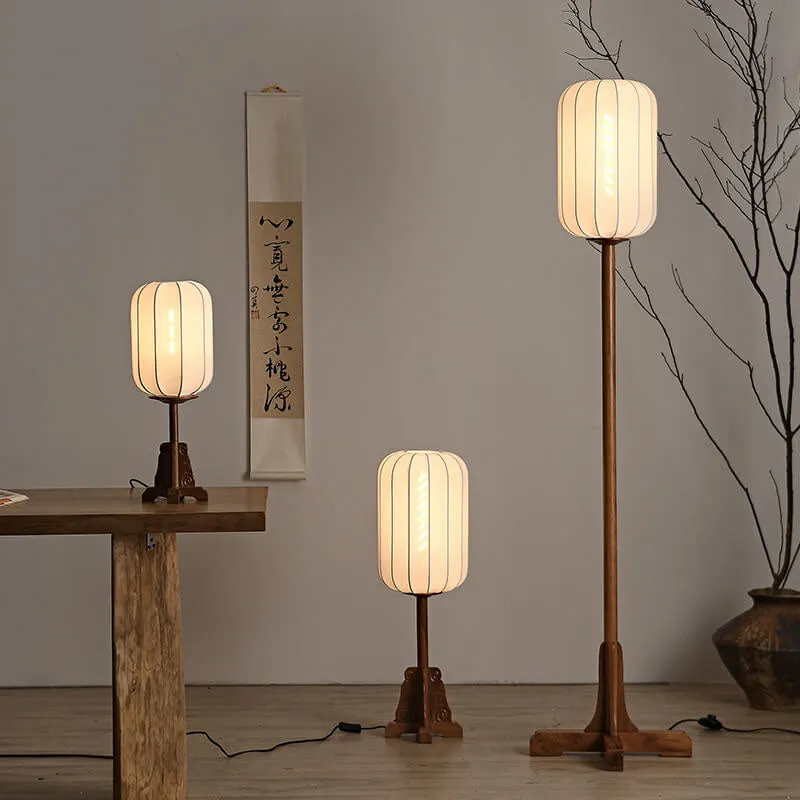 Japanese Zen Rosewood Base Silk Lantern Shade 1-Light Standing Floor Lamp