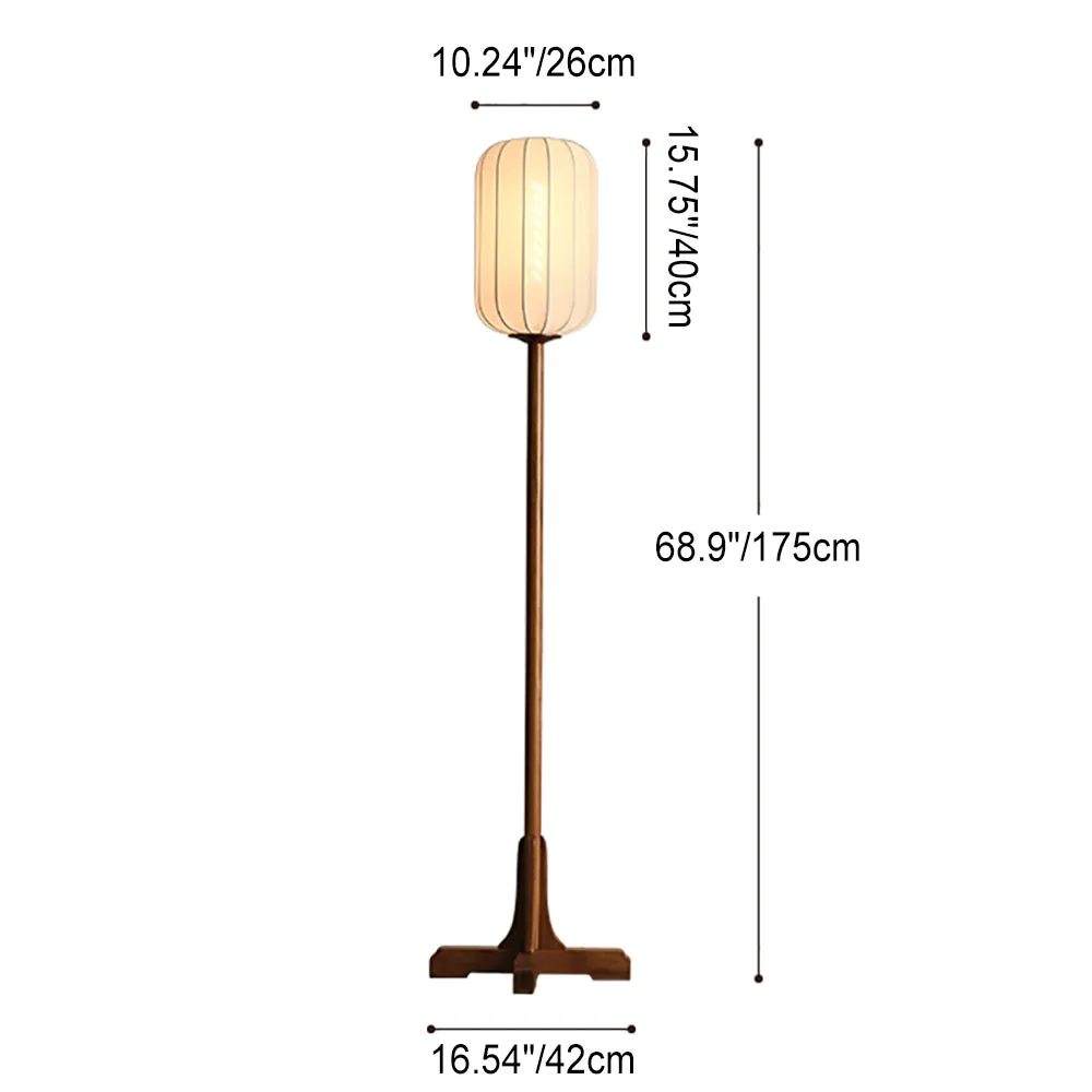 Japanese Zen Rosewood Base Silk Lantern Shade 1-Light Standing Floor Lamp